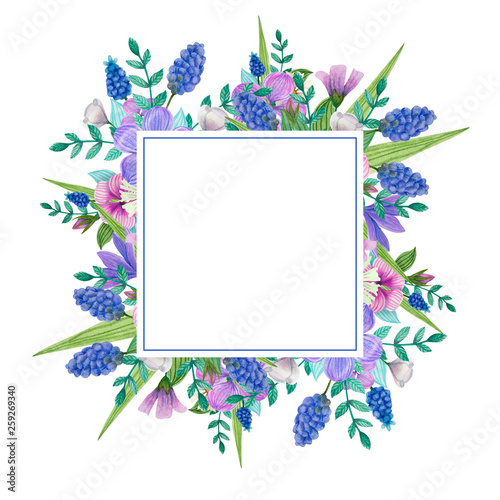Summer, spring, easter, birthday, wedding square frame with flowers, leaves and branches. Hand drawn watercolor ans colored pencils illustration.