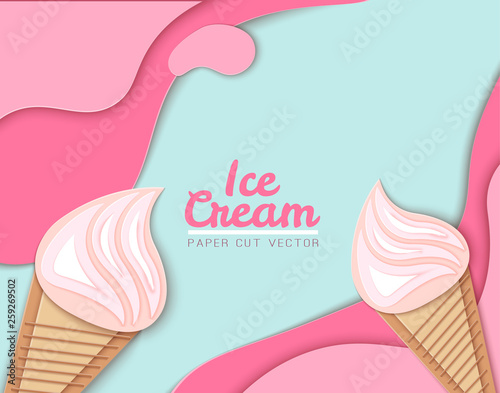 Ice cream cone, Background, 3D, Pastel. Abstract images of ice cream in paper cut style. Minimalistic summer food concept. Vector illustration
