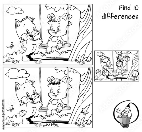 Tree with swing and two happy little cats. Find 10 differences. Educational matching game for children. Black and white cartoon vector illustration