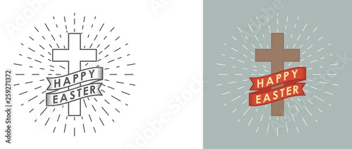 Color illustration of a cross banner and text. Christian holiday Easter