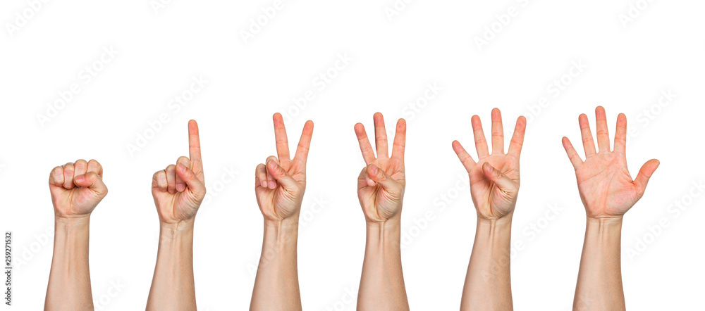 Five male hands rasie up in fist and pointing fingers up Five male hands rasie up in fist and pointing fingers up