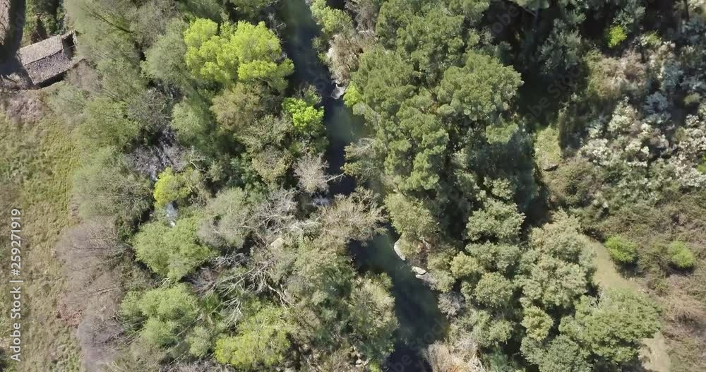Aerial view by drone, with river landscape, Dão river on valley and banks with typical Portuguese vegetation, on the mountains, in north Portugal Aerial view by drone, with river landscape, Dão river on valley and banks with typical Portuguese vegetation, on the mountains, in north Portugal