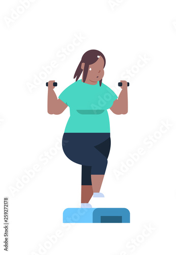 fat overweight woman holding dumbbells doing squats on step platform obese girl training in gym workout weight loss concept flat white background vertical