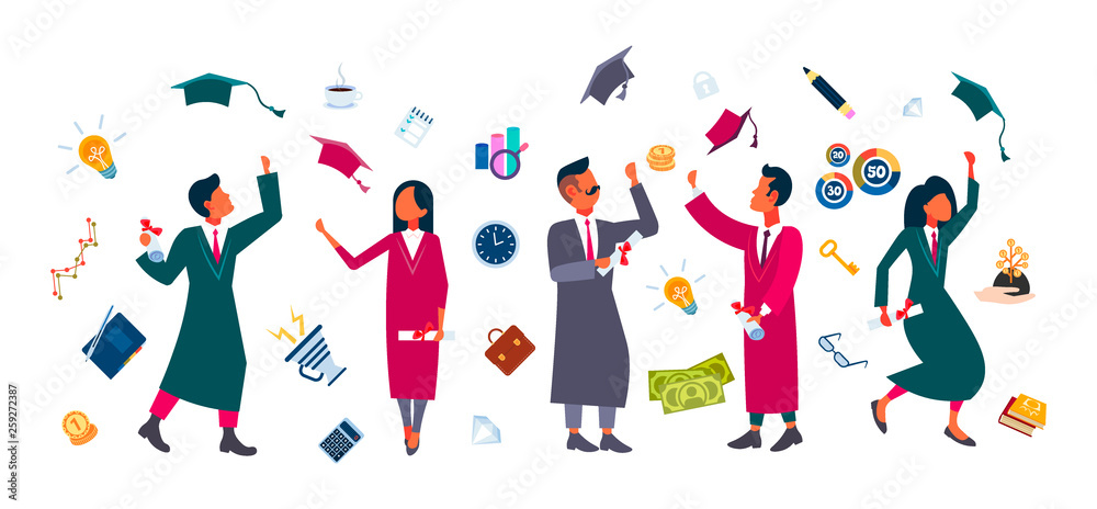 happy students group throwing their hats in air people in bachelor gowns celebrating education graduation concept male female characters full length horizontal flat