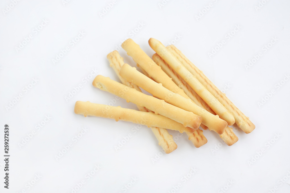 Top view bread sticks on white background.
