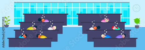 mix race students sitting in row at tables tired people sleeping in lecture hall studying process modern amphitheater university classroom interior education learning concept horizontal