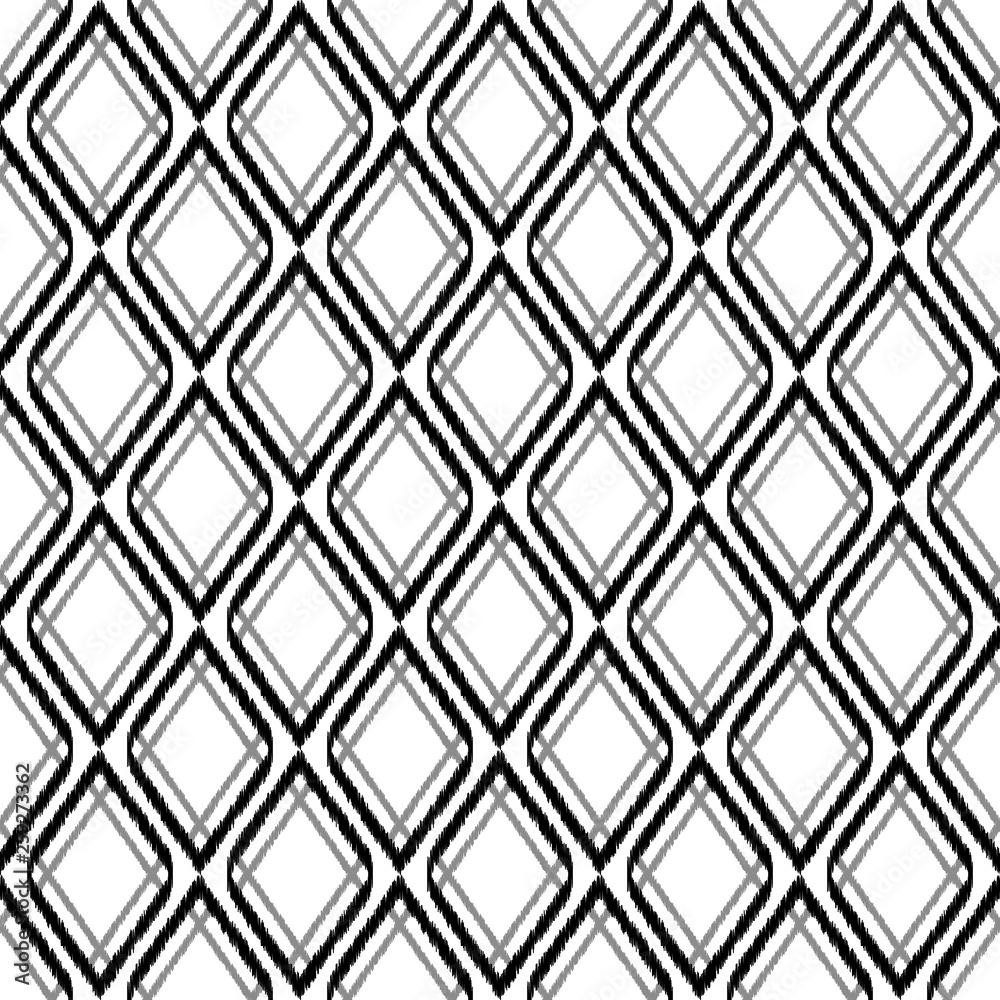 Fototapeta premium Black and white ikat rhombus shape geometric seamless pattern, vector