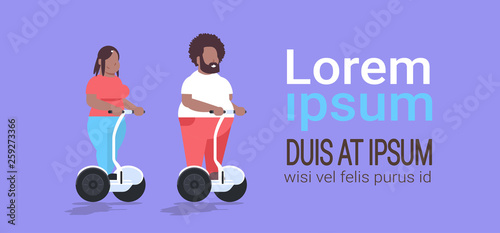 fat overweight couple riding electrical self balancing scooter african american obese man woman on electric gyroscooter weight loss concept full length flat copy space horizontal