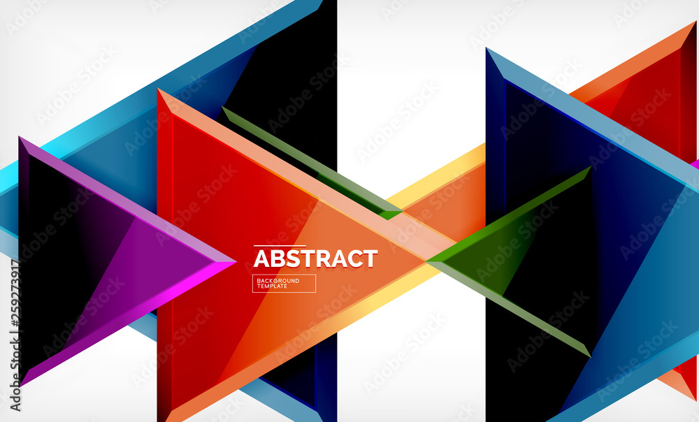 Triangles repetiton geometric abstract background, multicolored glossy triangular shapes, hi-tech poster cover design or web presentation template with copy space Triangles repetiton geometric abstract background, multicolored glossy triangular shapes, hi-tech poster cover design or web presentation template with copy space