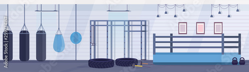 empty ring boxing arena with punching bags of different shapes for practicing martial arts in gym modern fight club interior design horizontal banner flat