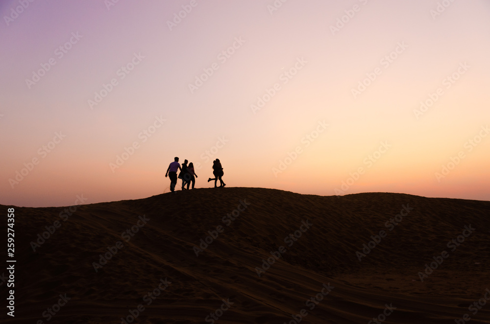 silhouette of five friends in beautiful evening in desert