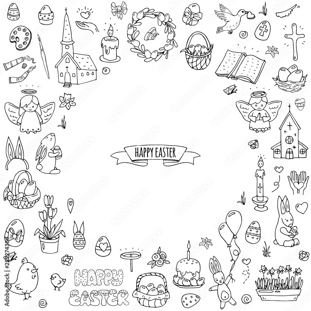 Hand drawn doodle Happy Easter icons set Vector illustration sketchy  traditional symbols collection Cartoon celebration concept elements eggs, bunny, willow twigs, basket, candles, Christian church