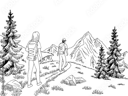 Man and woman tourist walking at the mountains graphic black white landscape sketch illustration vector