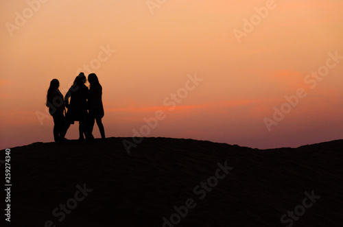 silhouette of three friends in beautiful evening in desert © Paras