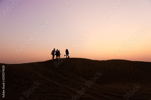 silhouette of five friends in beautiful evening in desert © Paras