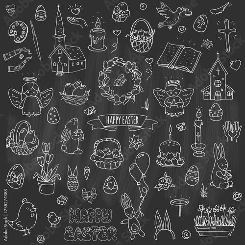 Hand drawn doodle Happy Easter icons set Vector illustration sketchy  traditional symbols collection Cartoon celebration concept elements eggs  bunny  willow twigs  basket  candles  Christian church