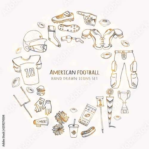 Hand drawn doodle american football set Vector illustration Sketchy sport related icons football elements, ball helmet jersey pants knee thigh shoulder pads cleats field cheerleading down indicator