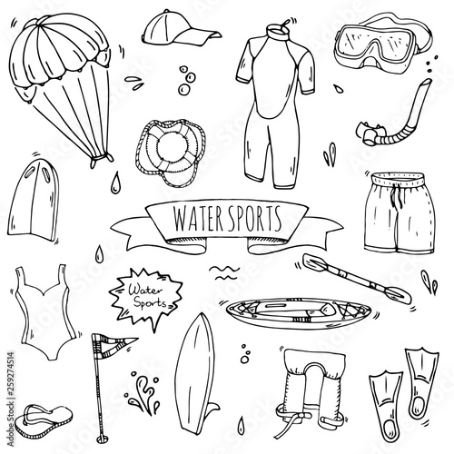 Hand drawn doodle Water sports icons set. Vector illustration, isolated symbols collection, Cartoon various elements: jetski, wakeboard, waterski, surfing, kayak, kitesurfing, paddle, parasailing