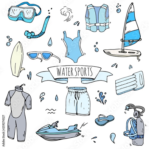 Hand drawn doodle Water sports icons set. Vector illustration, isolated symbols collection, Cartoon various elements: jetski, wakeboard, waterski, surfing, kayak, kitesurfing, paddle, parasailing