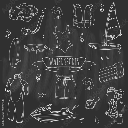 Hand drawn doodle Water sports icons set. Vector illustration, isolated symbols collection, Cartoon various elements: jetski, wakeboard, waterski, surfing, kayak, kitesurfing, paddle, parasailing