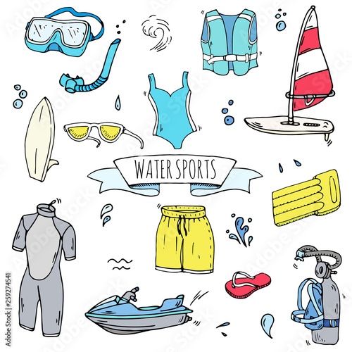 Hand drawn doodle Water sports icons set. Vector illustration, isolated symbols collection, Cartoon various elements: jetski, wakeboard, waterski, surfing, kayak, kitesurfing, paddle, parasailing