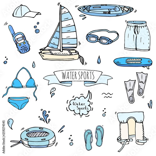 Hand drawn doodle Water sports icons set. Vector illustration, isolated symbols collection, Cartoon various elements: jetski, wakeboard, waterski, surfing, kayak, kitesurfing, paddle, parasailing
