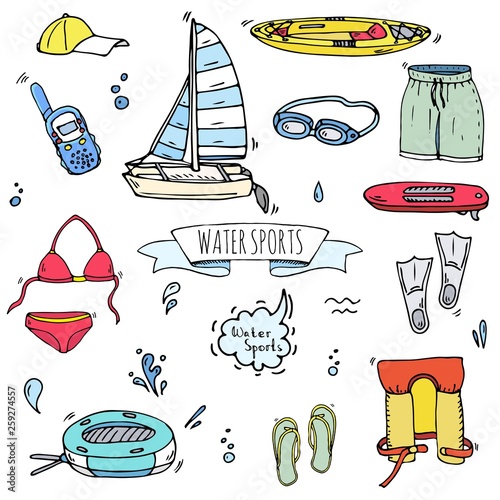 Hand drawn doodle Water sports icons set. Vector illustration, isolated symbols collection, Cartoon various elements: jetski, wakeboard, waterski, surfing, kayak, kitesurfing, paddle, parasailing