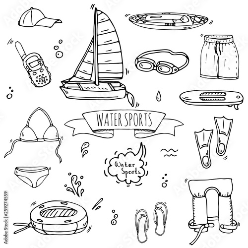 Hand drawn doodle Water sports icons set. Vector illustration, isolated symbols collection, Cartoon various elements: jetski, wakeboard, waterski, surfing, kayak, kitesurfing, paddle, parasailing