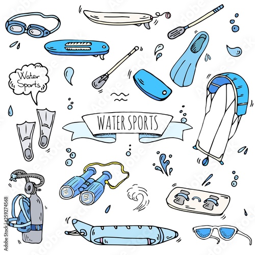 Hand drawn doodle Water sports icons set. Vector illustration, isolated symbols collection, Cartoon various elements: jetski, wakeboard, waterski, surfing, kayak, kitesurfing, paddle, parasailing