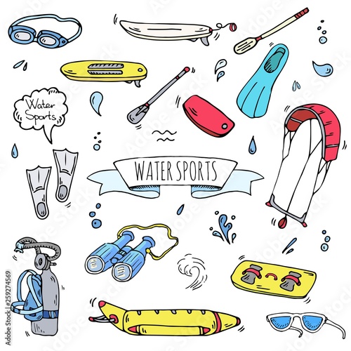 Hand drawn doodle Water sports icons set. Vector illustration, isolated symbols collection, Cartoon various elements: jetski, wakeboard, waterski, surfing, kayak, kitesurfing, paddle, parasailing