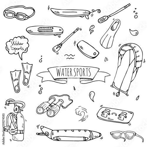 Hand drawn doodle Water sports icons set. Vector illustration, isolated symbols collection, Cartoon various elements: jetski, wakeboard, waterski, surfing, kayak, kitesurfing, paddle, parasailing