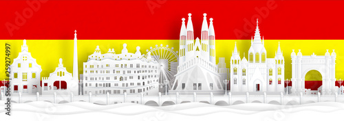 Spain flag and famous landmarks in paper cut style vector illustration.  photo
