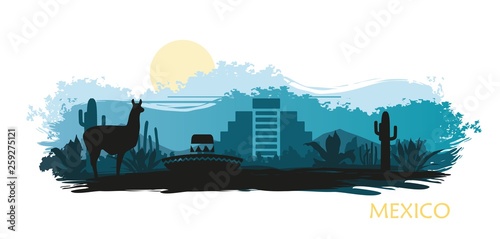 Stylized landscape of Mexico with a llama, cactuses and ancient pyramid.
