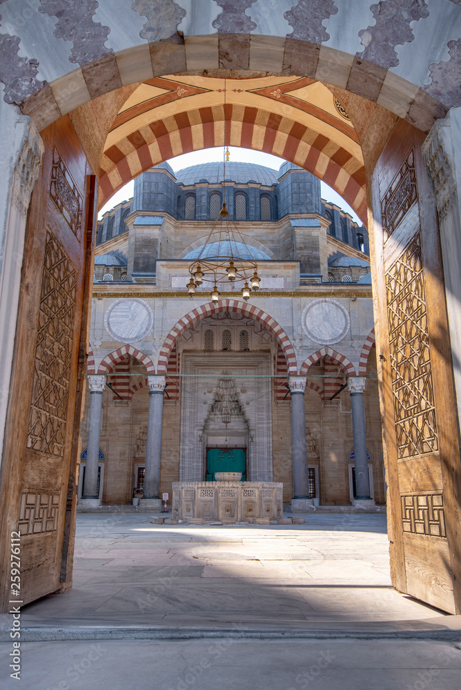 View from the door or gate to the courtyard of Selimiye Mosque in Edirne, Turkey. The mosque is in UNESCO World Heritage Site, commissioned by Sultan Selim II, and was built by architect Mimar Sinan