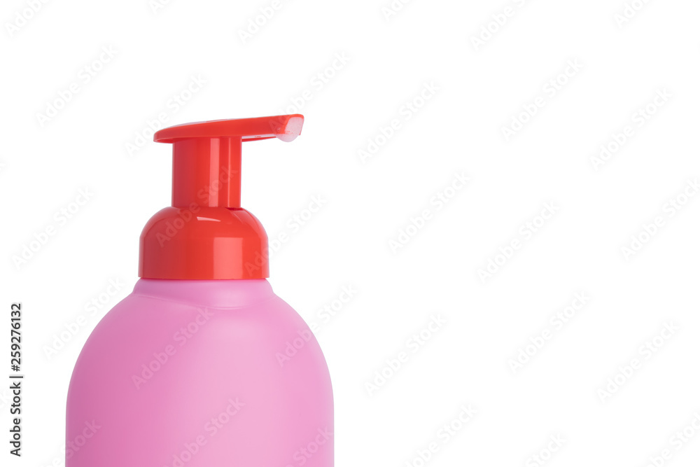 close-up, pink bottle with dispenser with liquid soap, on a white background, on the right there is a place for the inscription close-up, pink bottle with dispenser with liquid soap, on a white background, on the right there is a place for the inscription