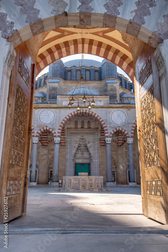 View from the door or gate to the courtyard of Selimiye Mosque in Edirne, Turkey. The mosque is in UNESCO World Heritage Site, commissioned by Sultan Selim II, and was built by architect Mimar Sinan