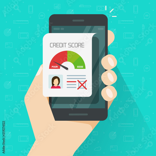 Bad credit score online on smartphone vector illustration, flat cartoon mobile phone with credit history document, cellphone with financial rating personal data clipart