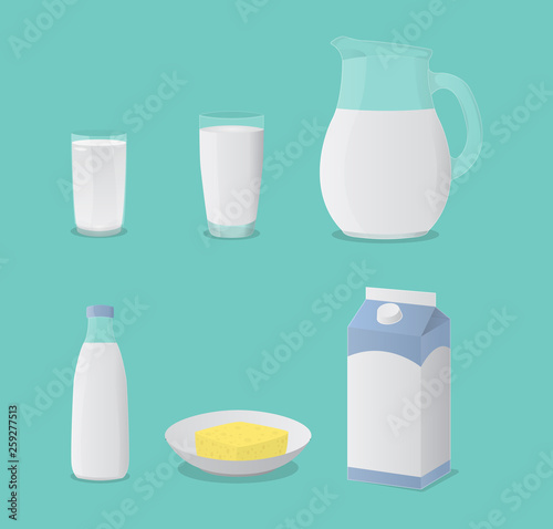 milk in glass bottle and cheese set collection with green background - vector