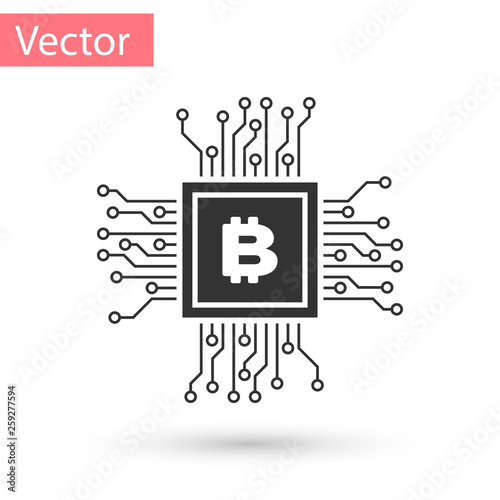 Grey CPU mining farm icon isolated on white background. Bitcoin sign inside processor. Cryptocurrency mining community. Digital money. Vector Illustration