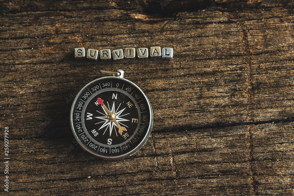 Compass on wood deck with blocks of letters making the word survival. Compass on wood deck with blocks of letters making the word survival.
