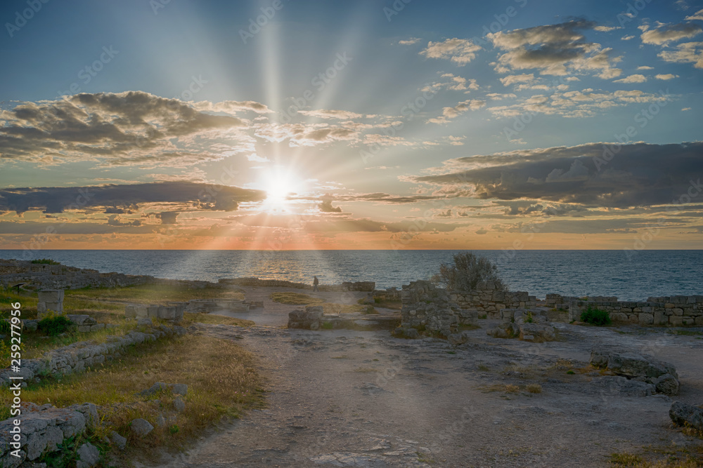 Sunset over the sea in the ancient city of Chersonesos