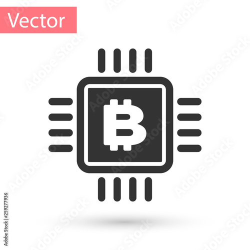 Grey CPU mining farm icon isolated on white background. Bitcoin sign inside microchip. Cryptocurrency mining community. Digital money. Vector Illustration
