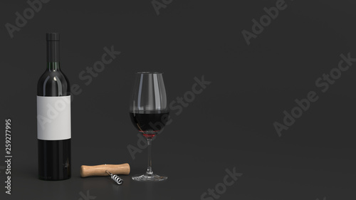 Mockup of bottle of wine with glass and corkscrew