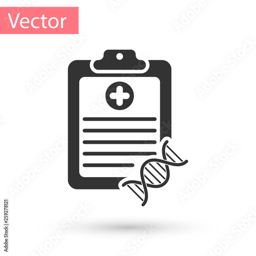 Grey Clipboard with DNA analysis icon isolated on white background. Genetic engineering, genetics testing, cloning, paternity testing. Vector Illustration
