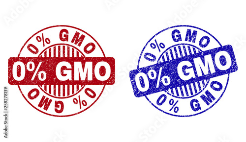 Grunge 0 Percents GMO round stamp seals isolated on a white background. Round seals with grunge texture in red and blue colors. Vector rubber overlay of 0 Percents GMO text inside circle form with
