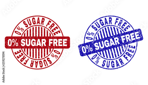 Grunge 0 Percents SUGAR FREE round stamp seals isolated on a white background. Round seals with grunge texture in red and blue colors.