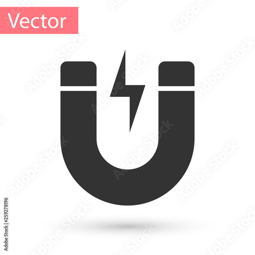 Grey Magnet with lightning icon isolated on white background. Horseshoe magnet, magnetism, magnetize, attraction sign. Vector Illustration