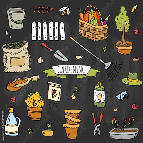 Hand drawn doodle set of Gardening icons