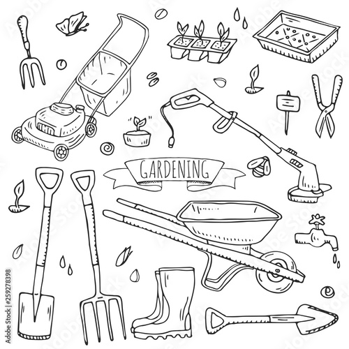 Hand drawn doodle set of Gardening icons