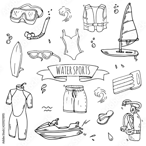 Hand drawn doodle Water sports icons set. Vector illustration, isolated symbols collection, Cartoon various elements: jetski, wakeboard, waterski, surfing, kayak, kitesurfing, paddle, parasailing